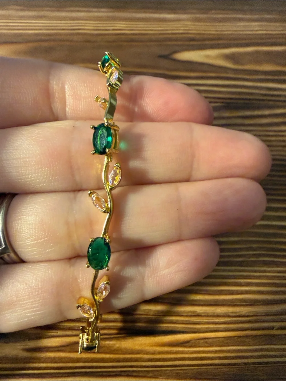 Gold Plated Bracelet Emerald Green with light pink Stones